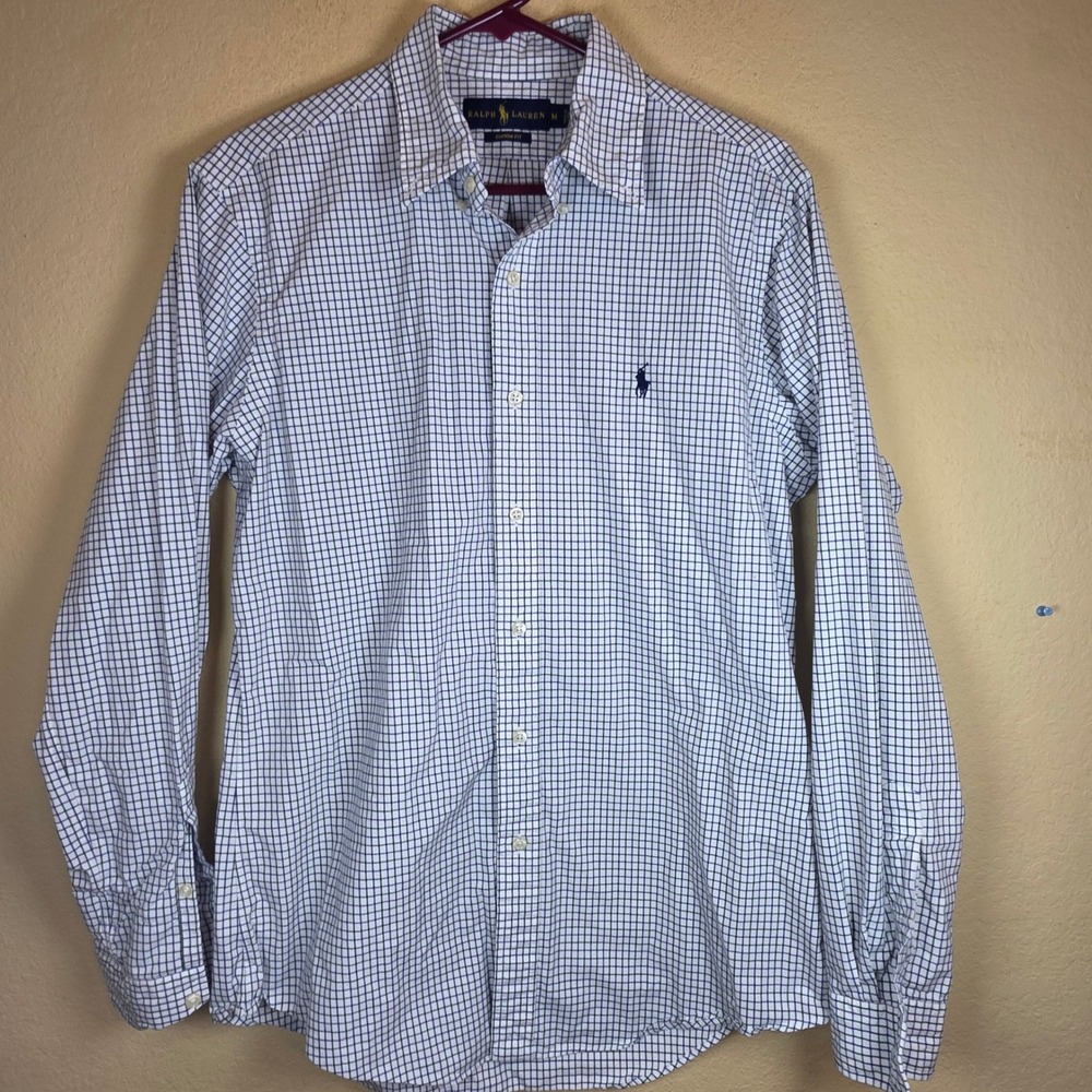 Polo Ralph Lauren Mens Custom Fit Tattersall Check Cotton Shirt White Navy M